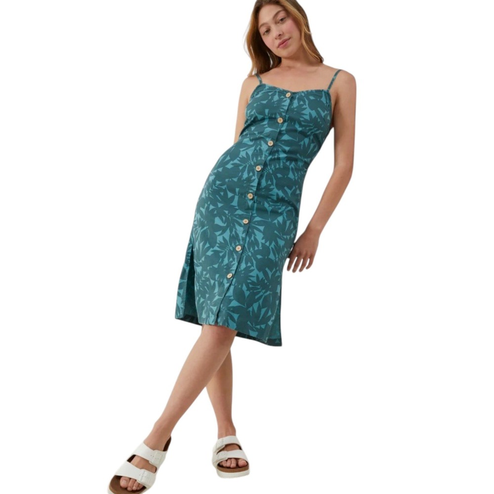 UpWest Button Front Midi Dress Green Leaf Print Eco Hemp Blend Sundress Beachy M